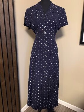 Vintage Sheri Martin Navy and White Polka Dot Button-Front Maxi Dress